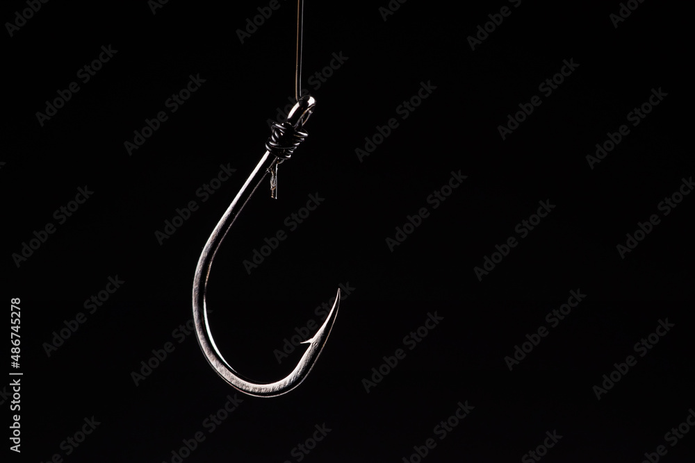 Fishing hook on a black background. trap, catch on, risk. Business concept idea Fishing hook on a black background. trap, catch on, risk. Business concept idea