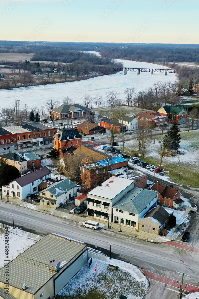 Aerial vertical of Cayuga, Ontario, Canada on winter day