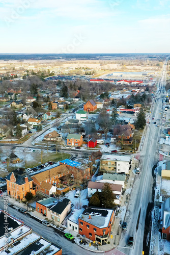 Aerial vertical scene of Cayuga, Ontario, Canada in winter