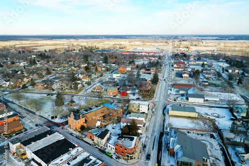 Aerial of Cayuga, Ontario, Canada in winter