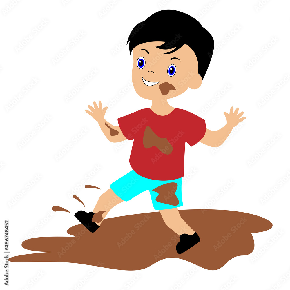Fototapeta premium The mischievous boy got dirty in the mud.