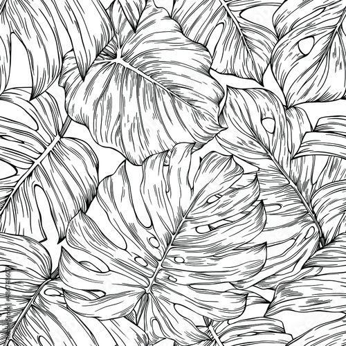 Pattern with tropical leaves. Vector hand drawn