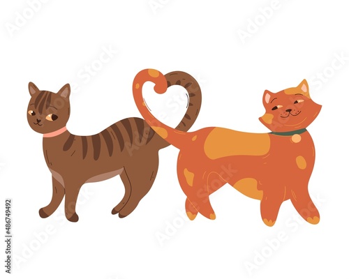 Vector illustration of two cute and pretty cats in love with heart made by crossing tails.  Postcard for happy Valentine day.