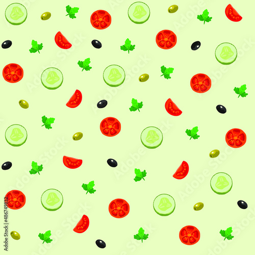 Fototapeta Naklejka Na Ścianę i Meble -  Set of fresh flat vegetables on light green background. Seamless illustration. Vector pattern. Slices of cucumber and tomato, olives, parsley and sprig of cilantro.
