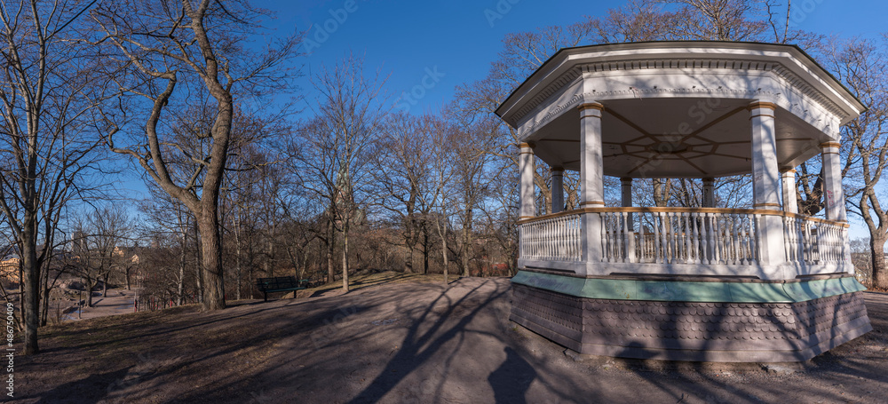 Panorama view, gazebo on a hill in the park Vitabergsparken in the district Södermalm a sunny winter day in Stockholm Panorama view, gazebo on a hill in the park Vitabergsparken in the district Södermalm a sunny winter day in Stockholm