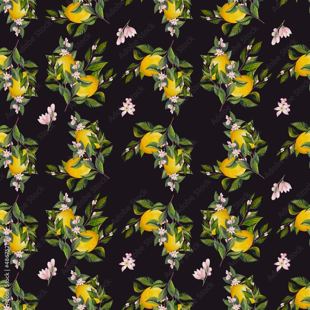 Watercolor pattern lemons and green branches Watercolor pattern lemons and green branches