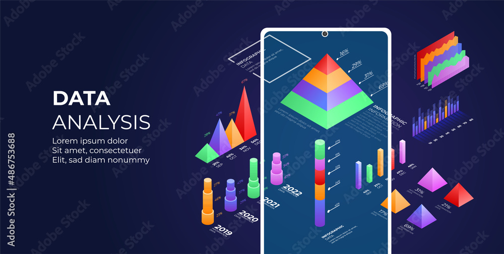 Data analysis in phone. Online business analysis strategy isometric vector illustration. Data analytics for company marketing solutions or financial performance.
