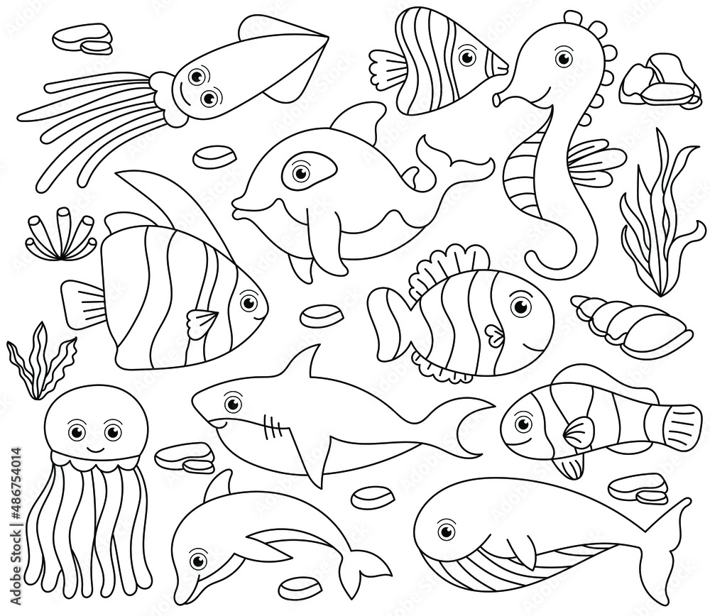 Underwater Animals elements set, collection of coloring book template ...