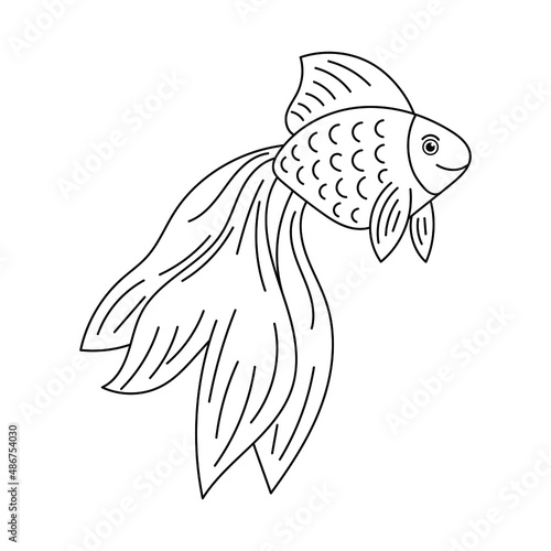 Vector doodle goldfish isolated on white background. Coloring page for kids.