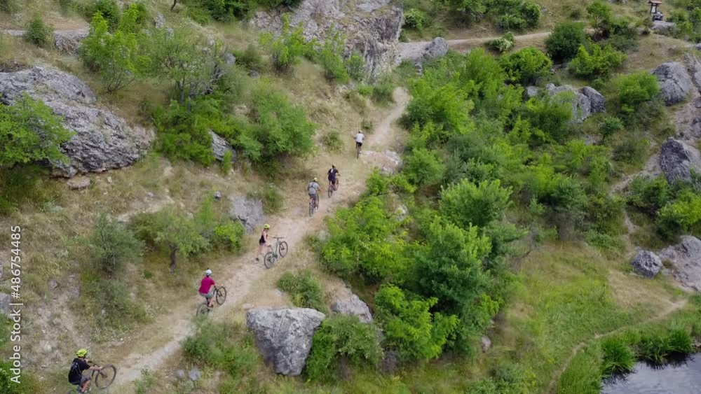 High view of group cycling High view of group cycling