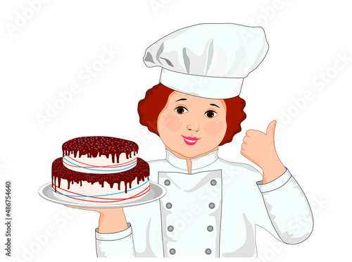 pastry chef is a woman in uniform. The pastry chef holds the cake on a tray. Vector illustration