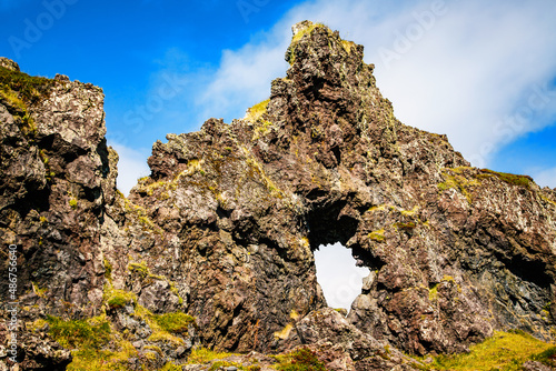 Ancient volcanic lava stone formations in Aflraunasteinar on the western coast of the Snæfellsnes peninsula, Iceland