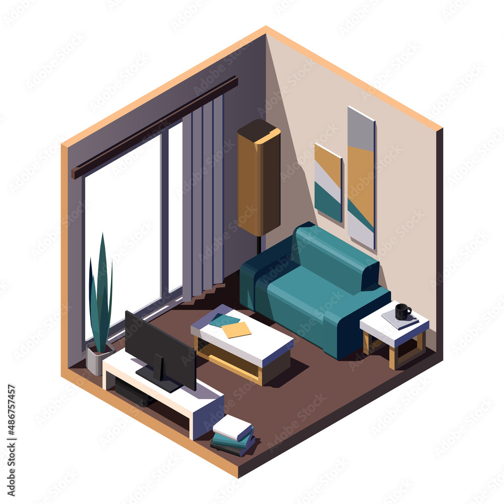 Isometric living room. Little sofa in front of tv, coffee table in the middle. Vector image Isometric living room. Little sofa in front of tv, coffee table in the middle. Vector image