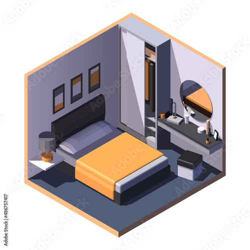 Isometric bed room. Dressing table, ottoman, wardrobe in the corner. Vector image