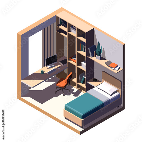 Isometric bed room and work place. Desk with computer in front of the window. Vector image © Voidentir