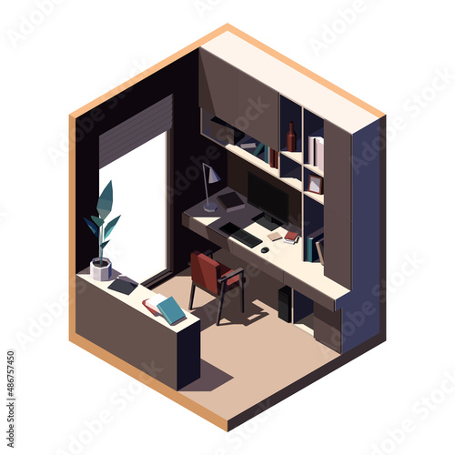 Isometric home work space. Screen, keyboard and computer mouse on the desk. Vector image