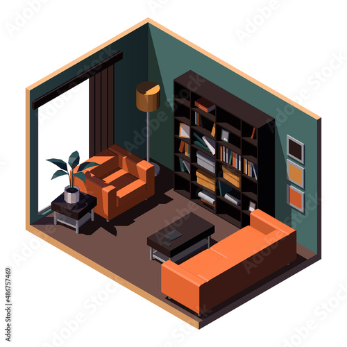 Isometric living room. Orange sofa and armchair, bookcase. Vector image
