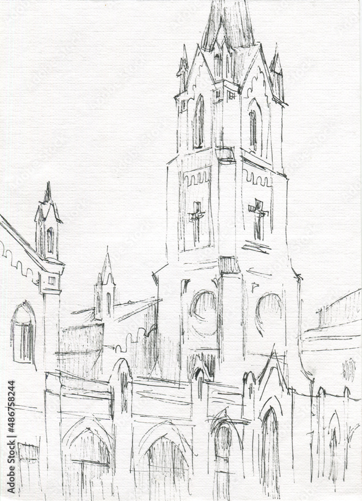 old church with tower linear sketch 