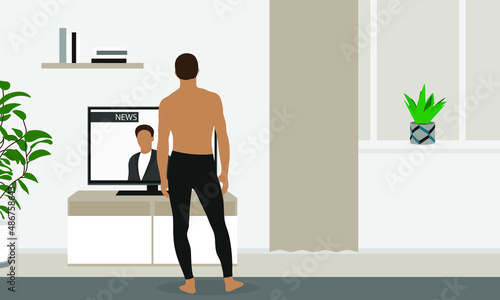 Male character in underpants watching the news on tv in the living room