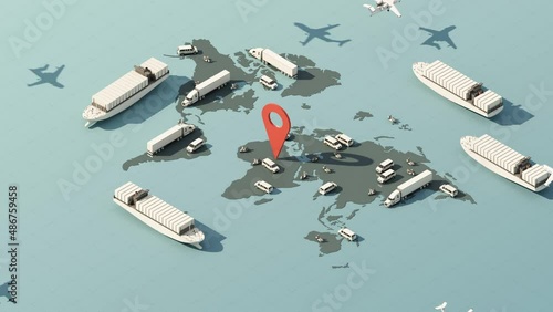 The earth world map by International and Domestic Shipping With scooters, vans, trailers, trucks, large cargo ships and planes. with red gps location on blue sea 3D render isometric animation looped