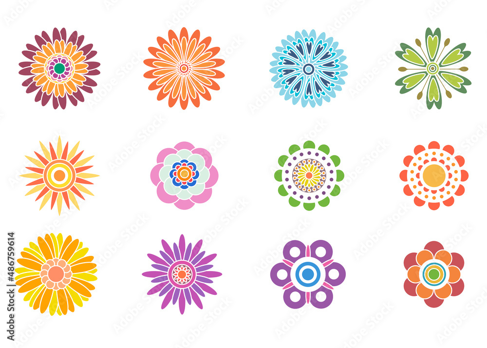 Set of flat spring flower icons in silhouette isolated on white background. Retro illustrations of bright colors for stickers, labels, tags, scrapbooking Set of flat spring flower icons in silhouette isolated on white background. Retro illustrations of bright colors for stickers, labels, tags, scrapbooking