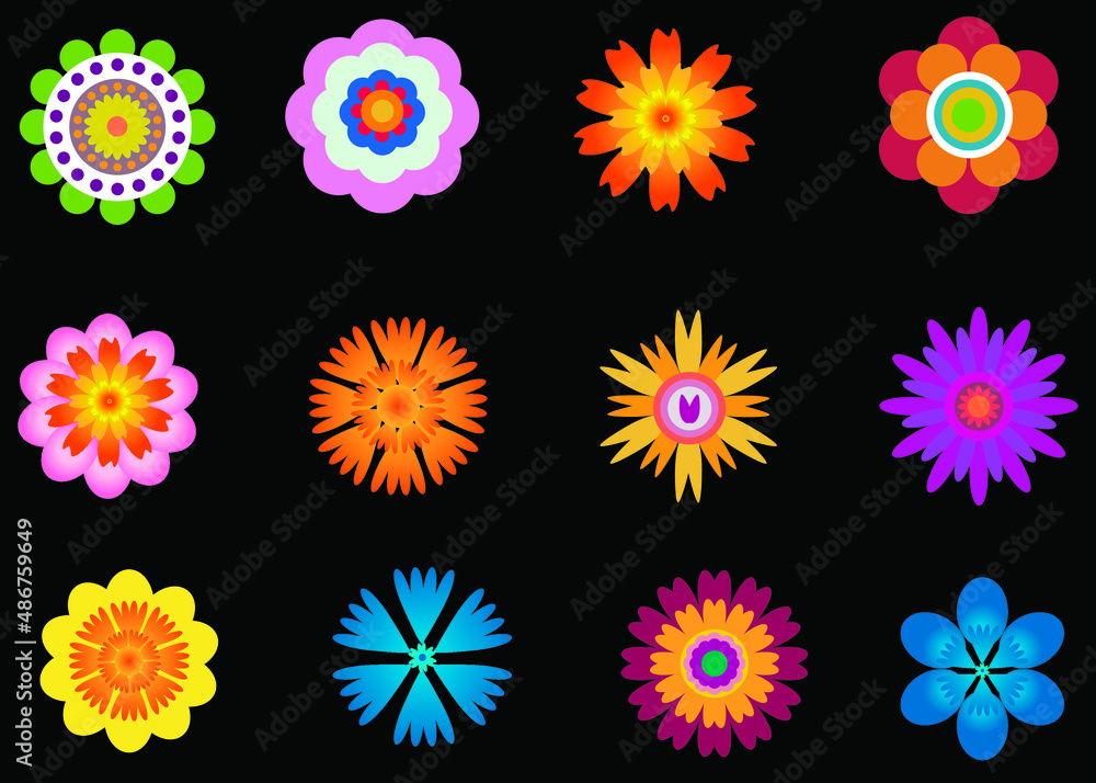 Set of flowers and elements for design and decoration. Set of colored flowers but black background Set of flowers and elements for design and decoration. Set of colored flowers but black background