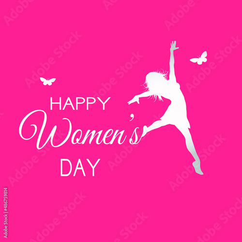 8 March womens day. Woman on swing. Abstract background with text and flowers