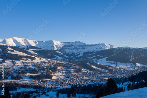 The city of Megeve in the middle of the Mont Blanc massif in Europe, France, Rhone Alpes, Savoie, Alps, in winter, on a sunny day.