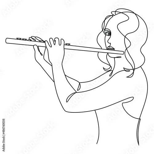 Silhouette of a beautiful woman with a flute in a modern continuous line style. Flute girl, slender. Continuous line drawing, decor aesthetic outline, posters, stickers, logo. Vector illustration.