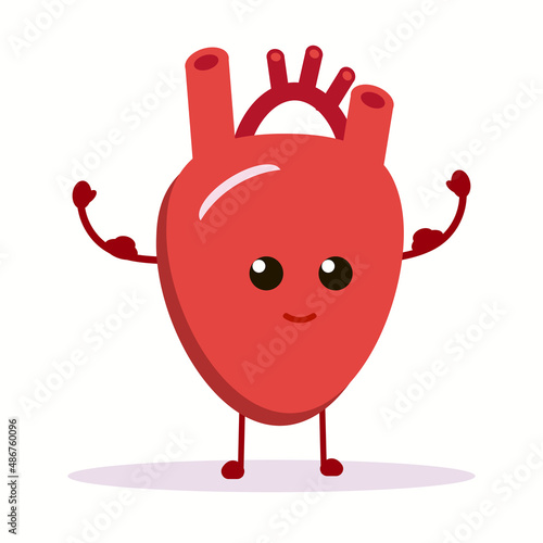 Cute cartoon smiling healthy heart character happy emoji emotion. Funny circulatory organ cardiology. Vector illustration