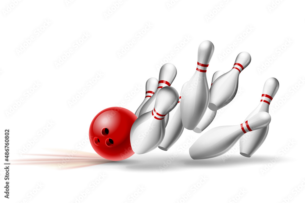 Red Bowling Ball crashing into the pins. Illustration of bowling strike isolated on white background. Red Bowling Ball crashing into the pins. Illustration of bowling strike isolated on white background.