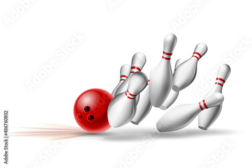 Red Bowling Ball crashing into the pins Fototapet