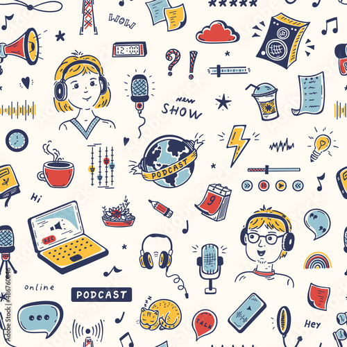 Podcast Show Doodle Icons Vector Seamless Pattern. Colorful Background with Man and Woman Speaking in Microphone and Different Podcast Equipment and Items. Workplace of Radio Host or Blogger.