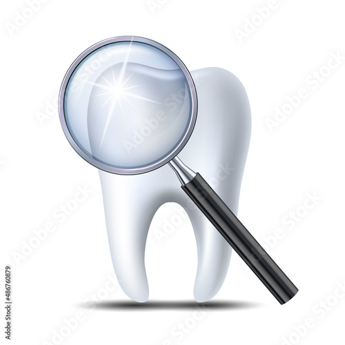 Icon check teeth at dentist. Healthy shiny tooth under magnifying glass
