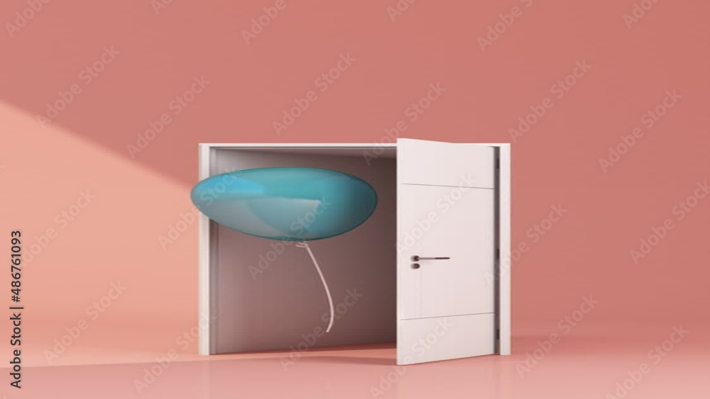 Closed and open white door with blue balloons come out from the door abstract concept on pink background 3d render animation looped vertical frame Closed and open white door with blue balloons come out from the door abstract concept on pink background 3d render animation looped vertical frame
