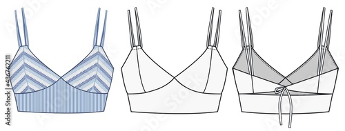 Girl Knitted Bra fashion flat sketch template. Lounge wear fashion design set template. Womens geometric pattern Crop Top fashion design. Vintage knitted top.