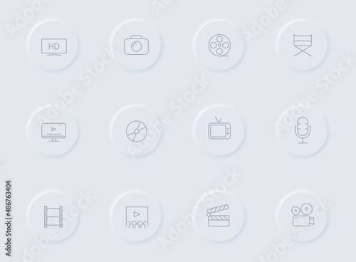 cinema gray vector icons on round rubber buttons. cinema icon set for web, mobile apps, ui design and promo business polygraphy