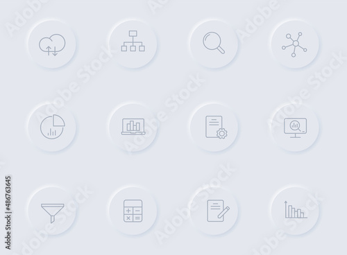 data analytics gray vector icons on round rubber buttons. data analytics icon set for web, mobile apps, ui design and promo business polygraphy
