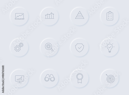 data analytics gray vector icons on round rubber buttons. data analytics icon set for web, mobile apps, ui design and promo business polygraphy