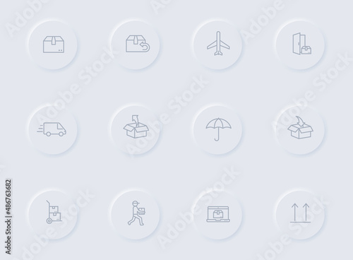 delivery gray vector icons on round rubber buttons. delivery icon set for web, mobile apps, ui design and promo business polygraphy