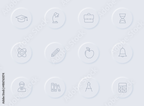 education gray vector icons on round rubber buttons. education icon set for web, mobile apps, ui design and promo business polygraphy