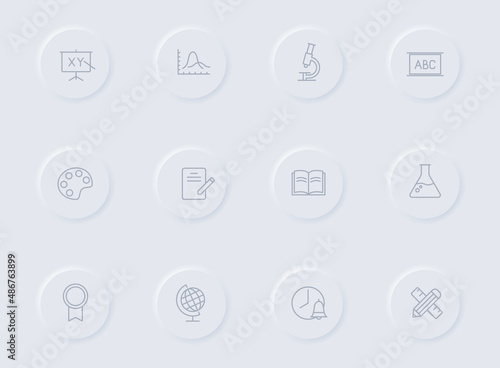 education gray vector icons on round rubber buttons. education icon set for web, mobile apps, ui design and promo business polygraphy