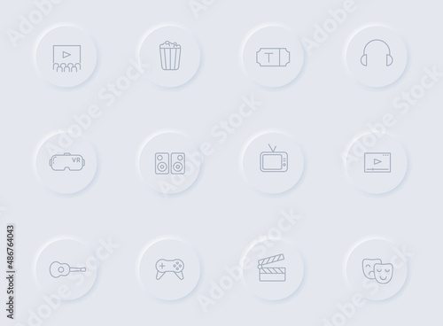 entertainment gray vector icons on round rubber buttons. entertainment icon set for web, mobile apps, ui design and promo business polygraphy