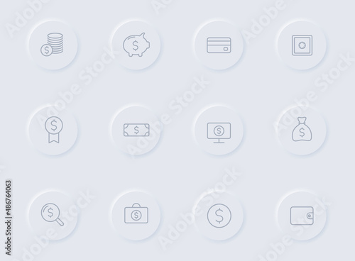 finance gray vector icons on round rubber buttons. finance icon set for web, mobile apps, ui design and promo business polygraphy