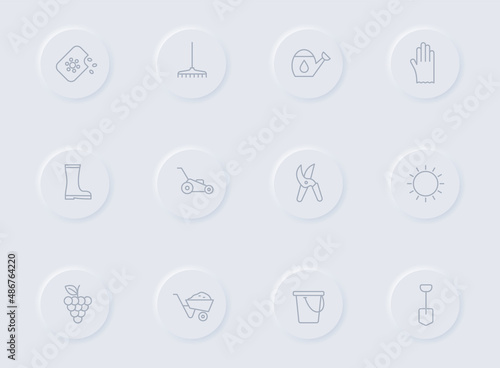 garden gray vector icons on round rubber buttons. garden icon set for web, mobile apps, ui design and promo business polygraphy