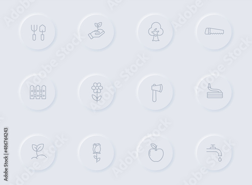 garden gray vector icons on round rubber buttons. garden icon set for web, mobile apps, ui design and promo business polygraphy