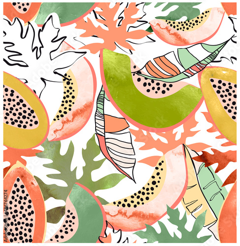 Tropical pattern made with papaya fruits and papaya leaves, with fun and colorful background perfect for fabrics and decoration
