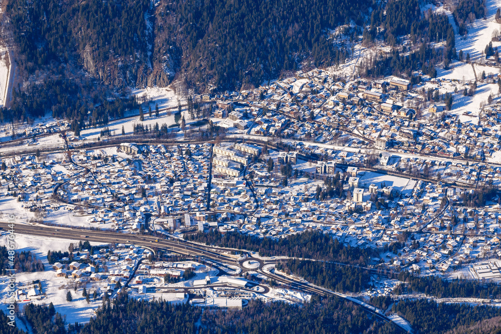 Fototapeta premium Chamonix town in Europe, France, Rhone Alpes, Savoie, Alps, in winter on a sunny day.
