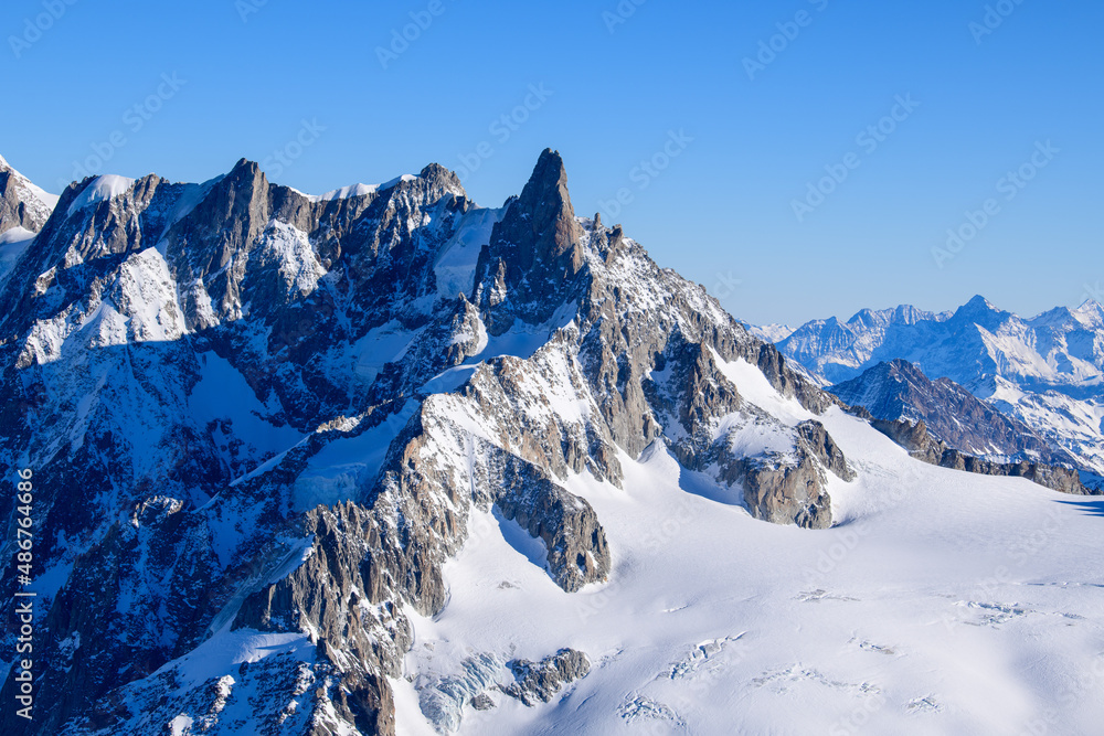 Le Glacier du Geant in Europe, France, Rhone Alpes, Savoie, Alps, in winter on a sunny day.