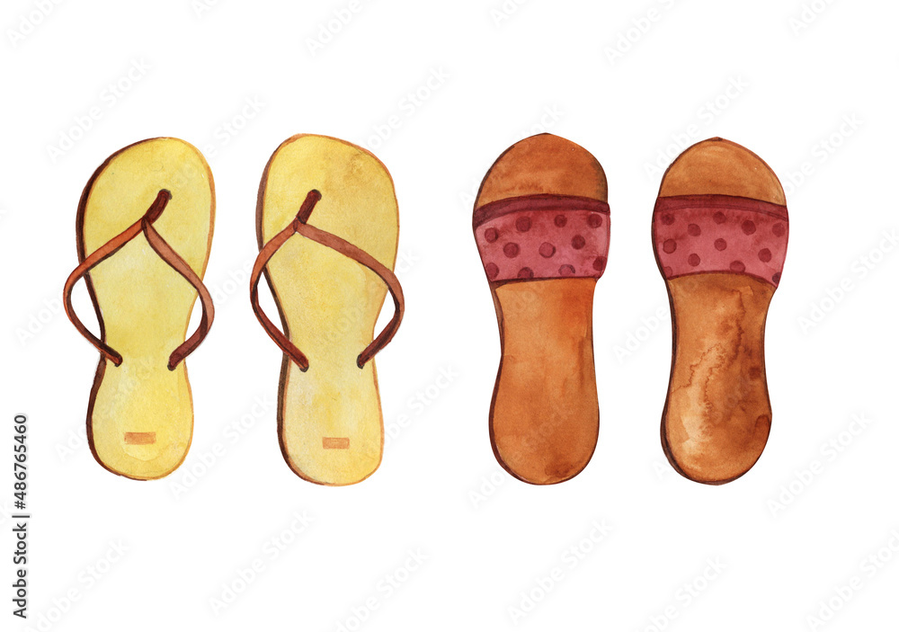 A set of slippers, slates.Beach, summer shoes .Handmade watercolor drawing. A set of slippers, slates.Beach, summer shoes .Handmade watercolor drawing.